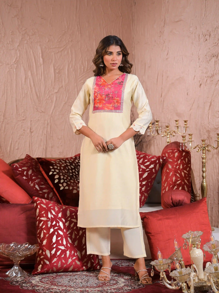 Off White Chanderi Salwar Kameez with Silk Dupatta for Festive Wear