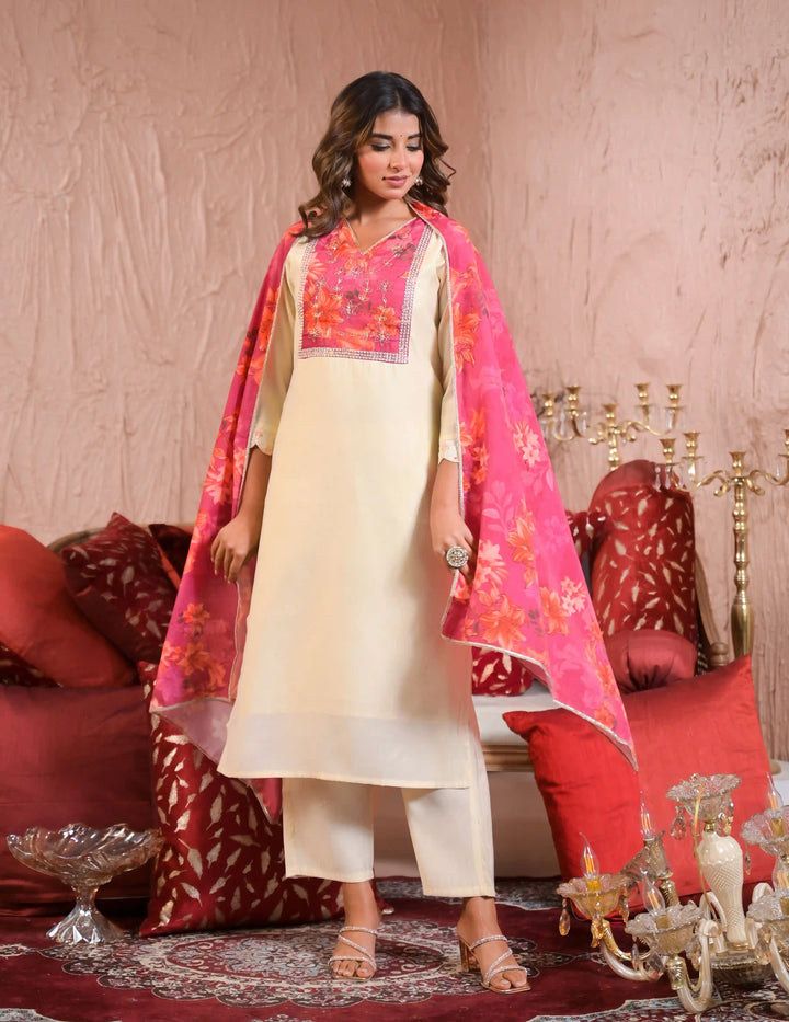 Off White Chanderi Salwar Kameez with Silk Dupatta for Festive Wear