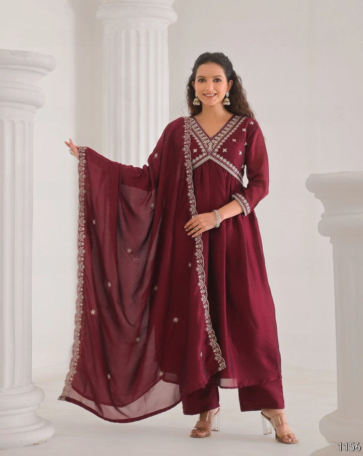 Elegant Maroon Embroidered Salwar Kameez for Party Wear