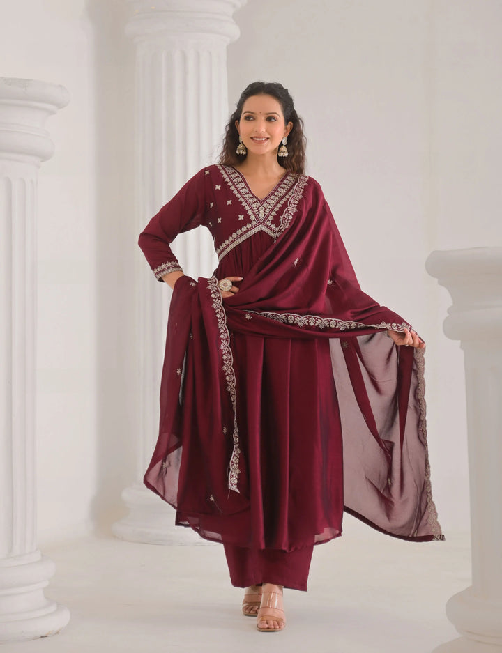 Elegant Maroon Embroidered Salwar Kameez for Party Wear