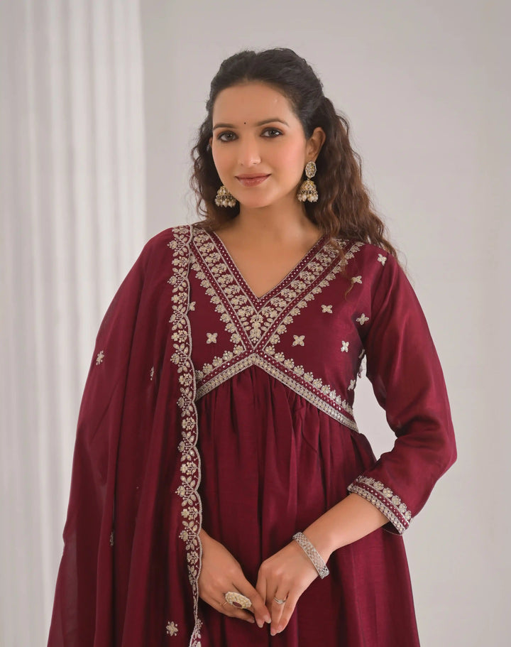 Elegant Maroon Embroidered Salwar Kameez for Party Wear