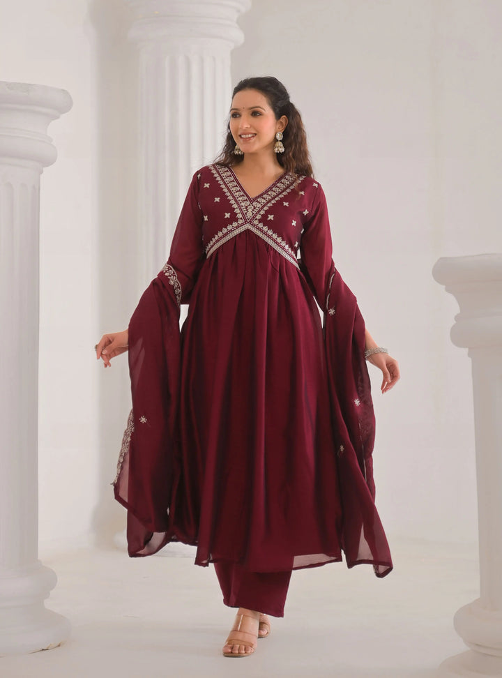 Elegant Maroon Embroidered Salwar Kameez for Party Wear
