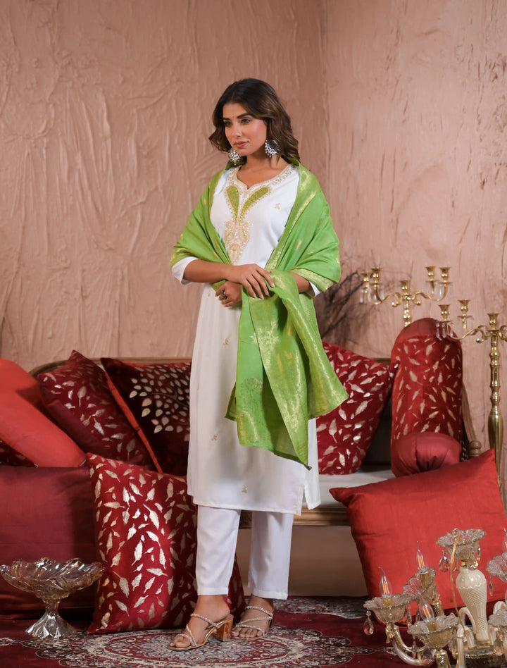 Off White Viscose Blend Salwar Kameez with Jacquard Dupatta
