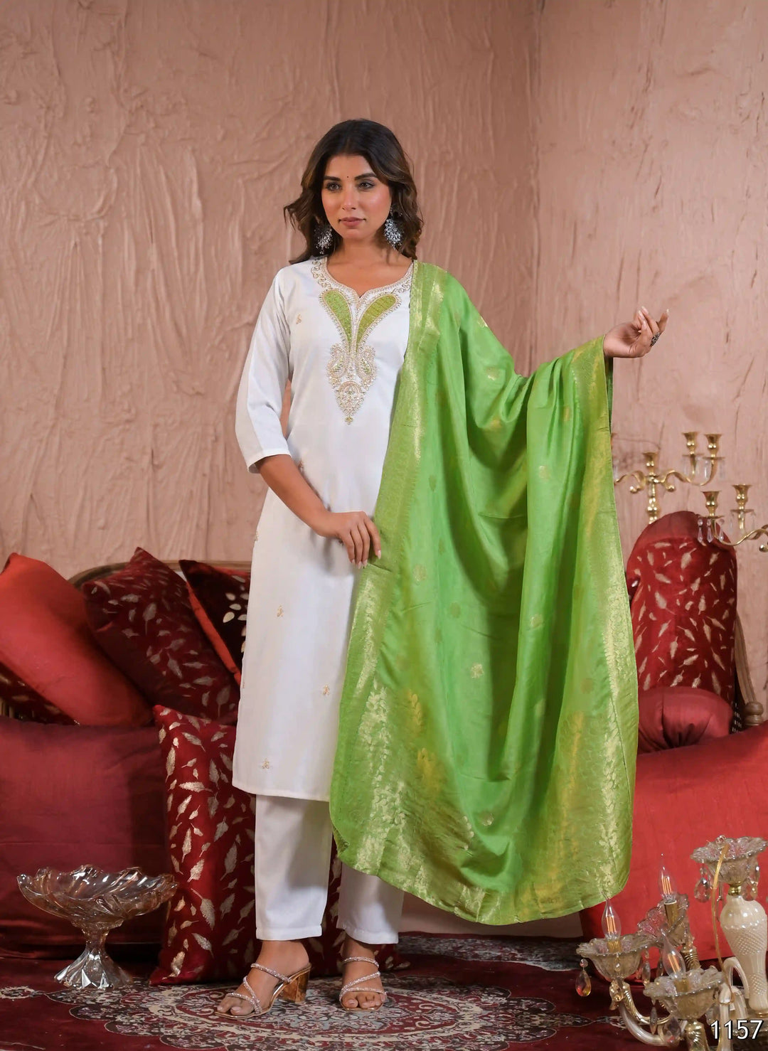 Off White Viscose Blend Salwar Kameez with Jacquard Dupatta