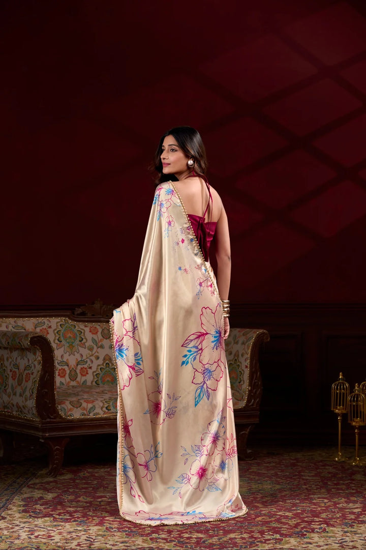 Stylish Cream Japan Satin Silk Saree with Digital Print & Pearl Lace Border