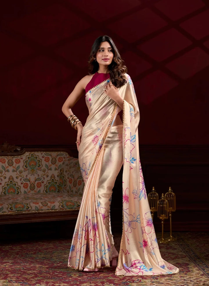 Stylish Cream Japan Satin Silk Saree with Digital Print & Pearl Lace Border