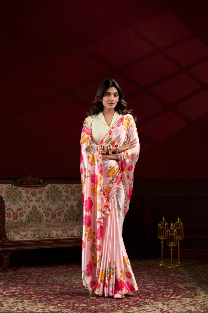 Peach Satin Silk Saree with Digital Flower Prints & Pearl Border