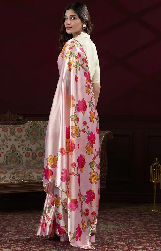 Peach Satin Silk Saree with Digital Flower Prints & Pearl Border