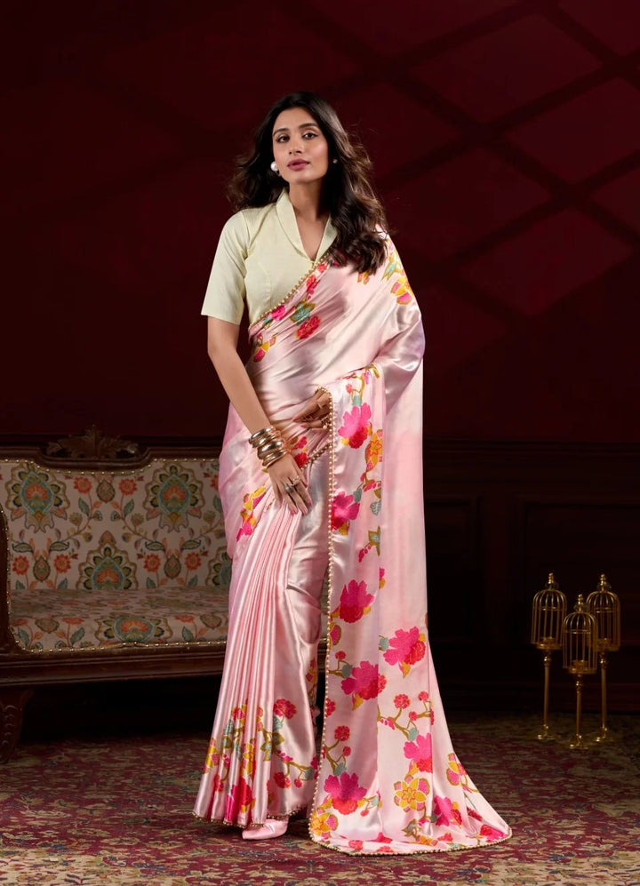 Peach Satin Silk Saree with Digital Flower Prints & Pearl Border