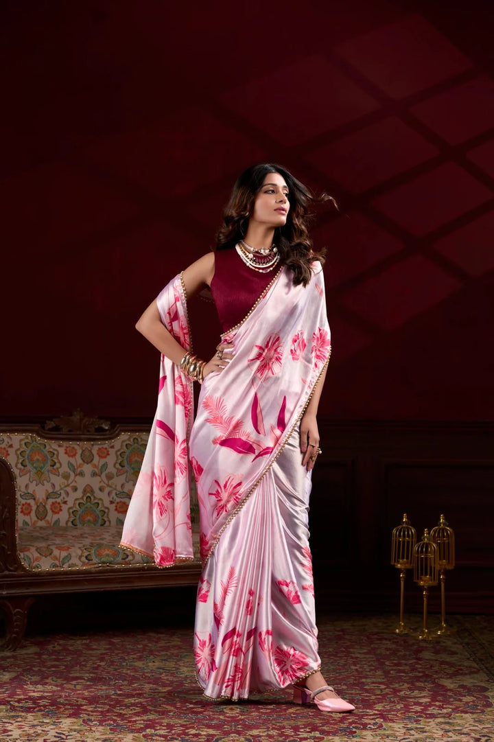 Elegant Pink Japan Satin Silk Saree with Digital Print & Pearl Border