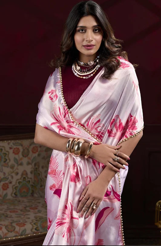 Elegant Pink Japan Satin Silk Saree with Digital Print & Pearl Border
