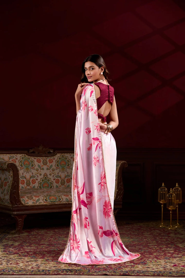 Elegant Pink Japan Satin Silk Saree with Digital Print & Pearl Border