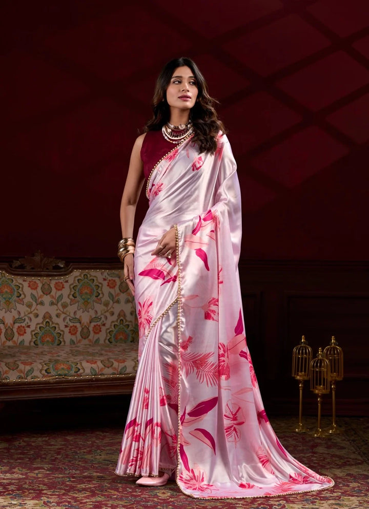 Elegant Pink Japan Satin Silk Saree with Digital Print & Pearl Border