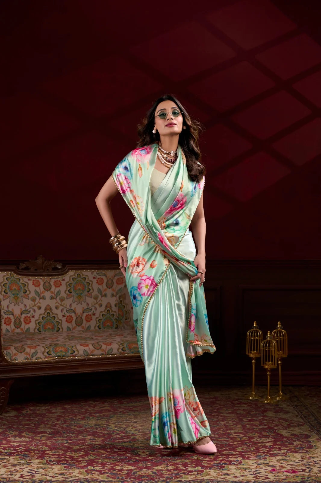 Sky Blue Satin Silk Saree with Digital Flower Prints & Pearl Border