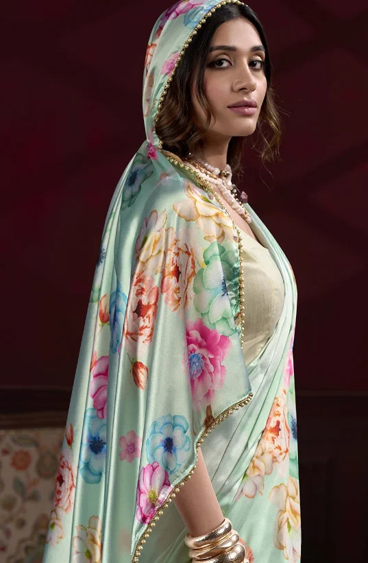 Sky Blue Satin Silk Saree with Digital Flower Prints & Pearl Border