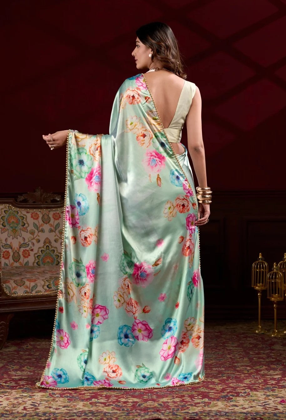 Sky Blue Satin Silk Saree with Digital Flower Prints & Pearl Border