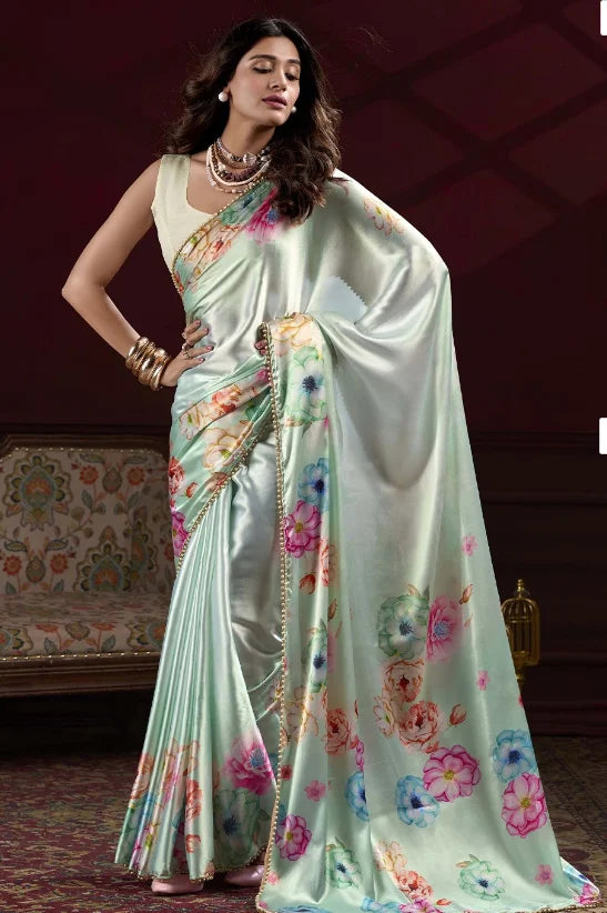 Sky Blue Satin Silk Saree with Digital Flower Prints & Pearl Border