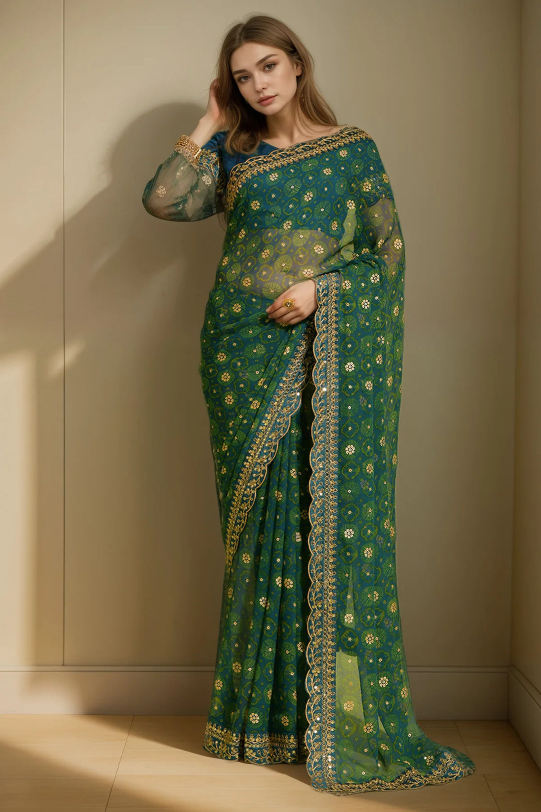 Classy Georgette Saree for Parties with Printed Lace Work