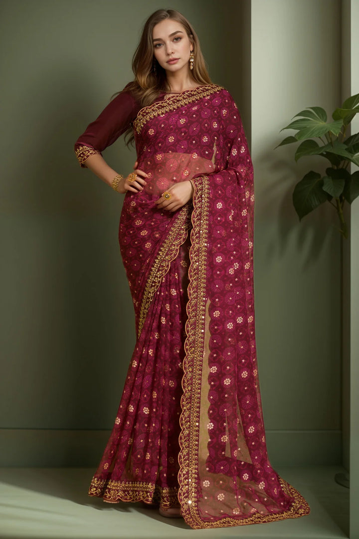 Classy Georgette Saree for Parties with Printed Lace Work