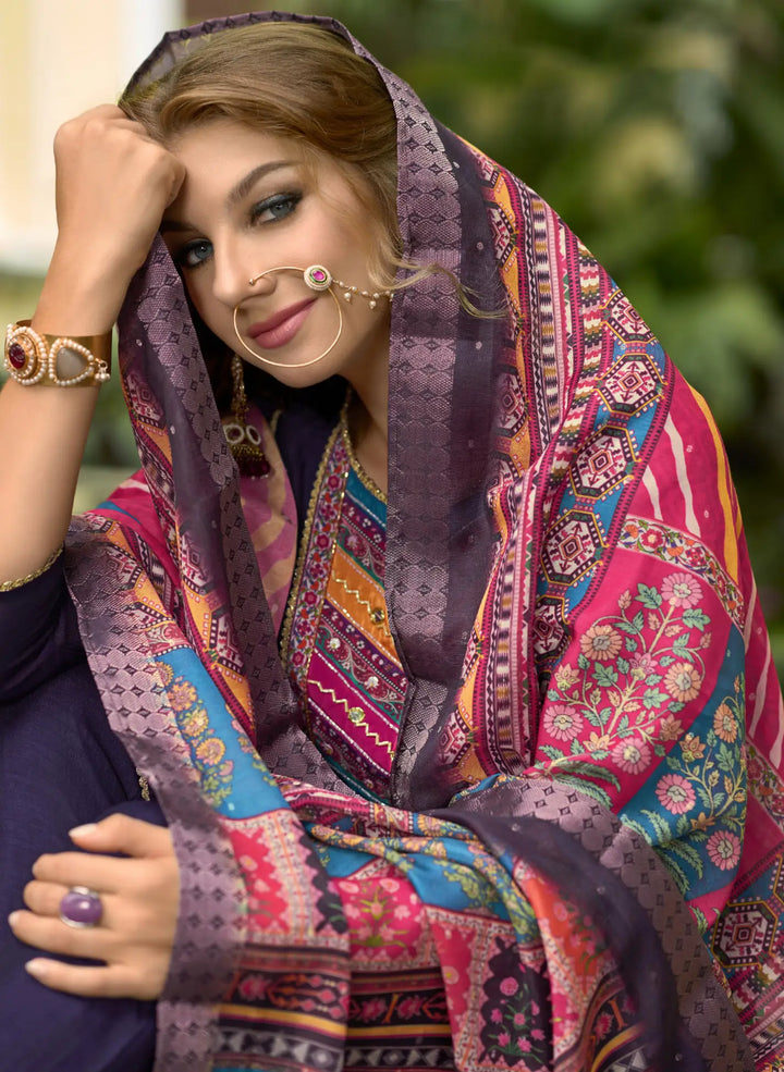 Designer Navy Salwar Kameez with Hand Work & Silk Finish