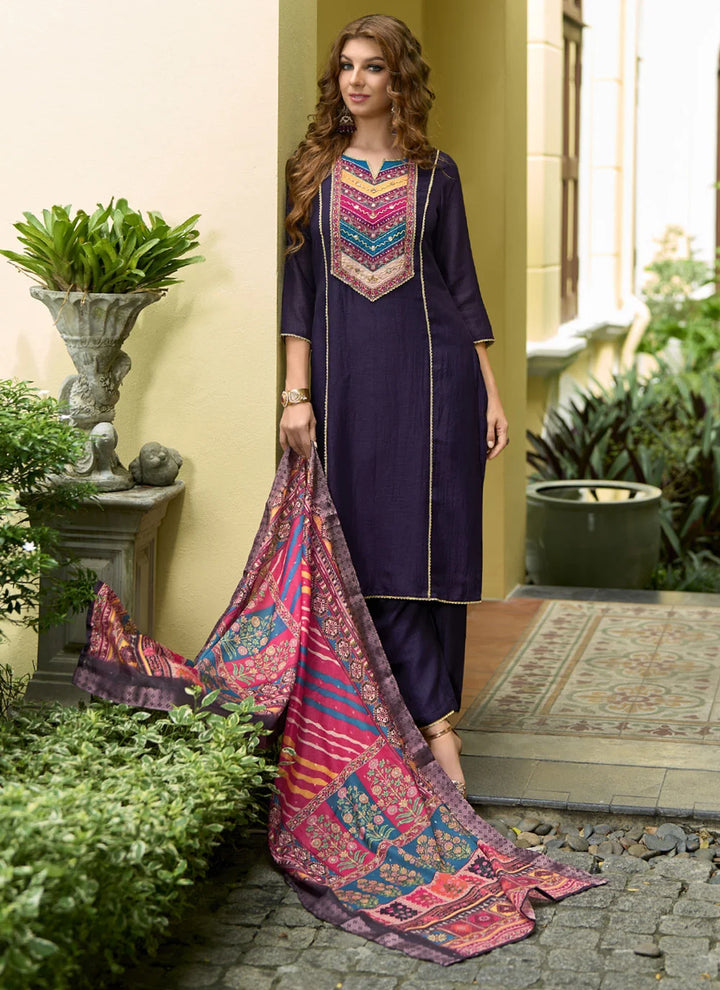 Designer Navy Salwar Kameez with Hand Work & Silk Finish