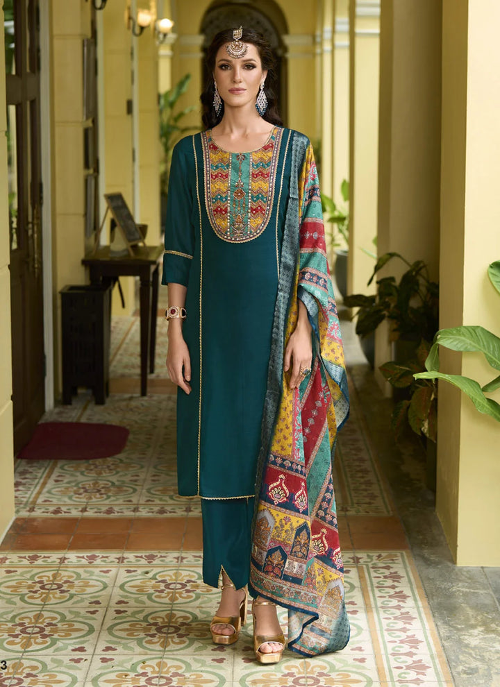 Stylish Vichitra Silk Salwar Kameez in Rich Rama Tone