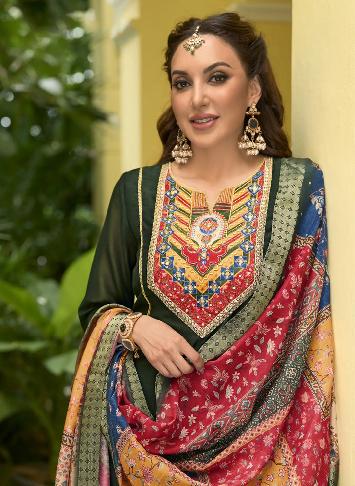 Mehendi Vichitra Silk Salwar Kameez with Jacquard Dupatta