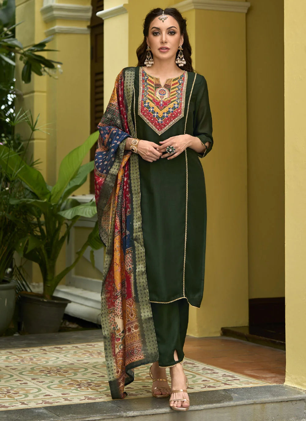 Mehendi Vichitra Silk Salwar Kameez with Jacquard Dupatta