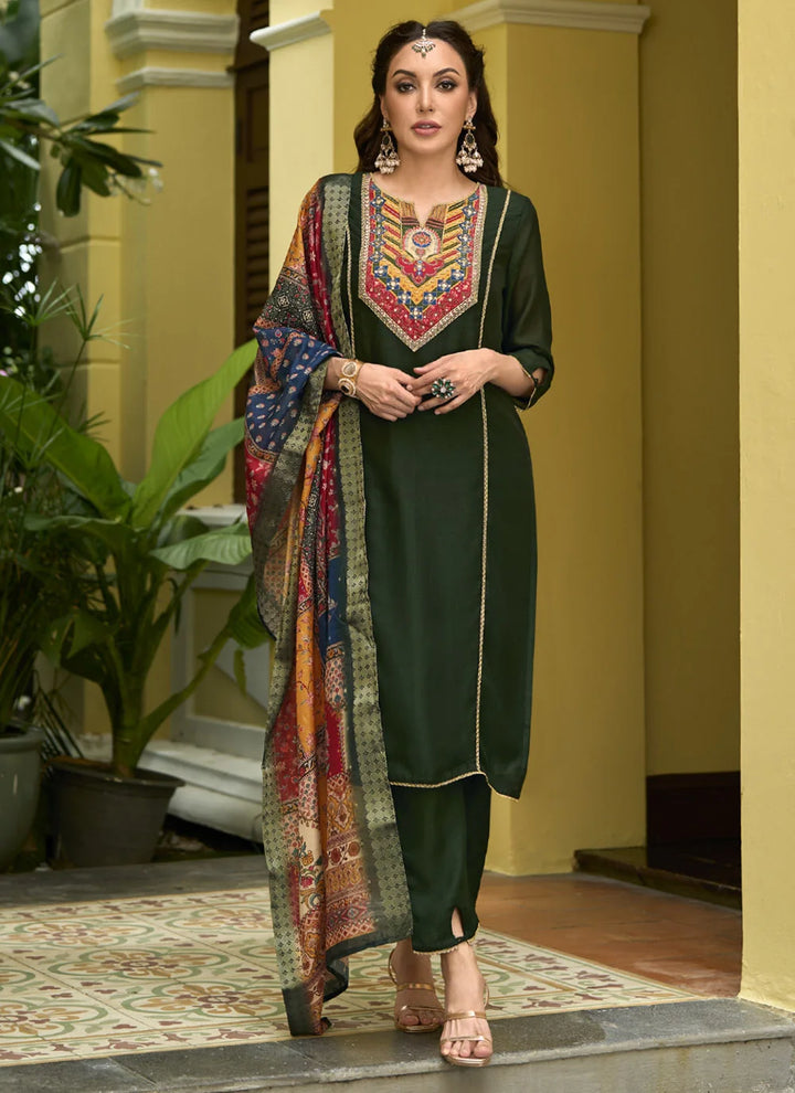 Mehendi Vichitra Silk Salwar Kameez with Jacquard Dupatta