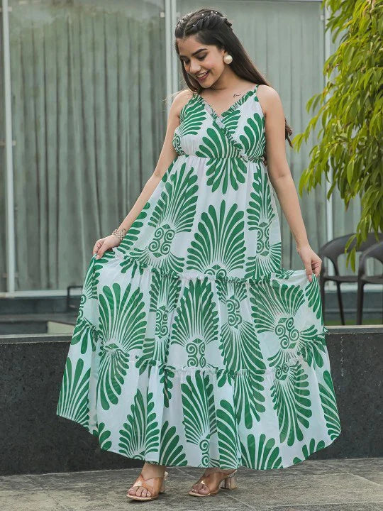 Elegant Green Rayon Gown with Designer Prints – Festive Charm