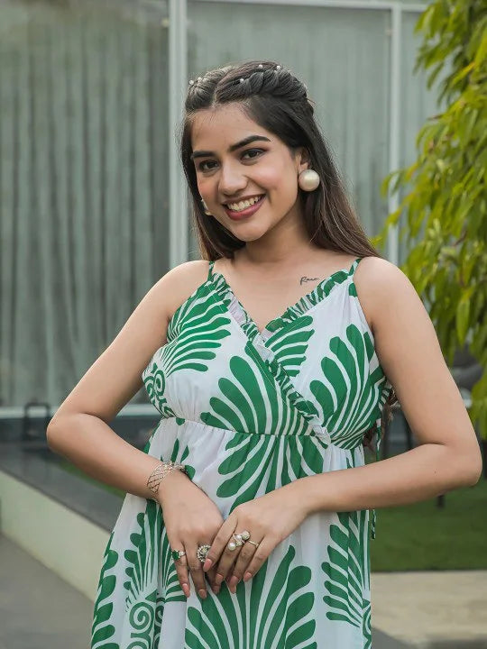Elegant Green Rayon Gown with Designer Prints – Festive Charm