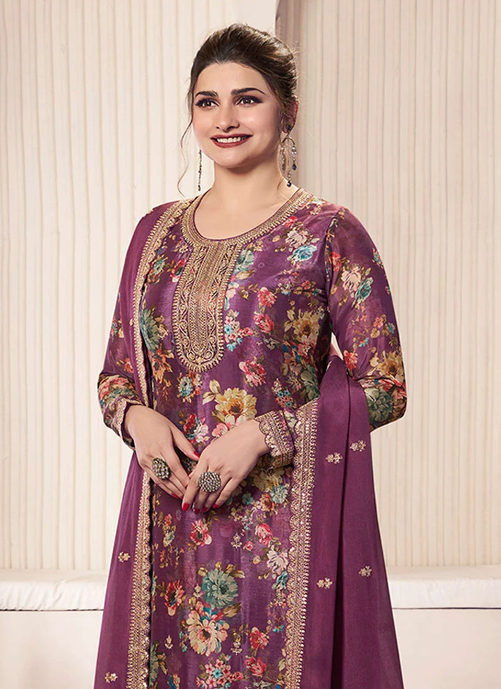 Luxe Look Salwar Suit in Chinon with Embroidery and Prints