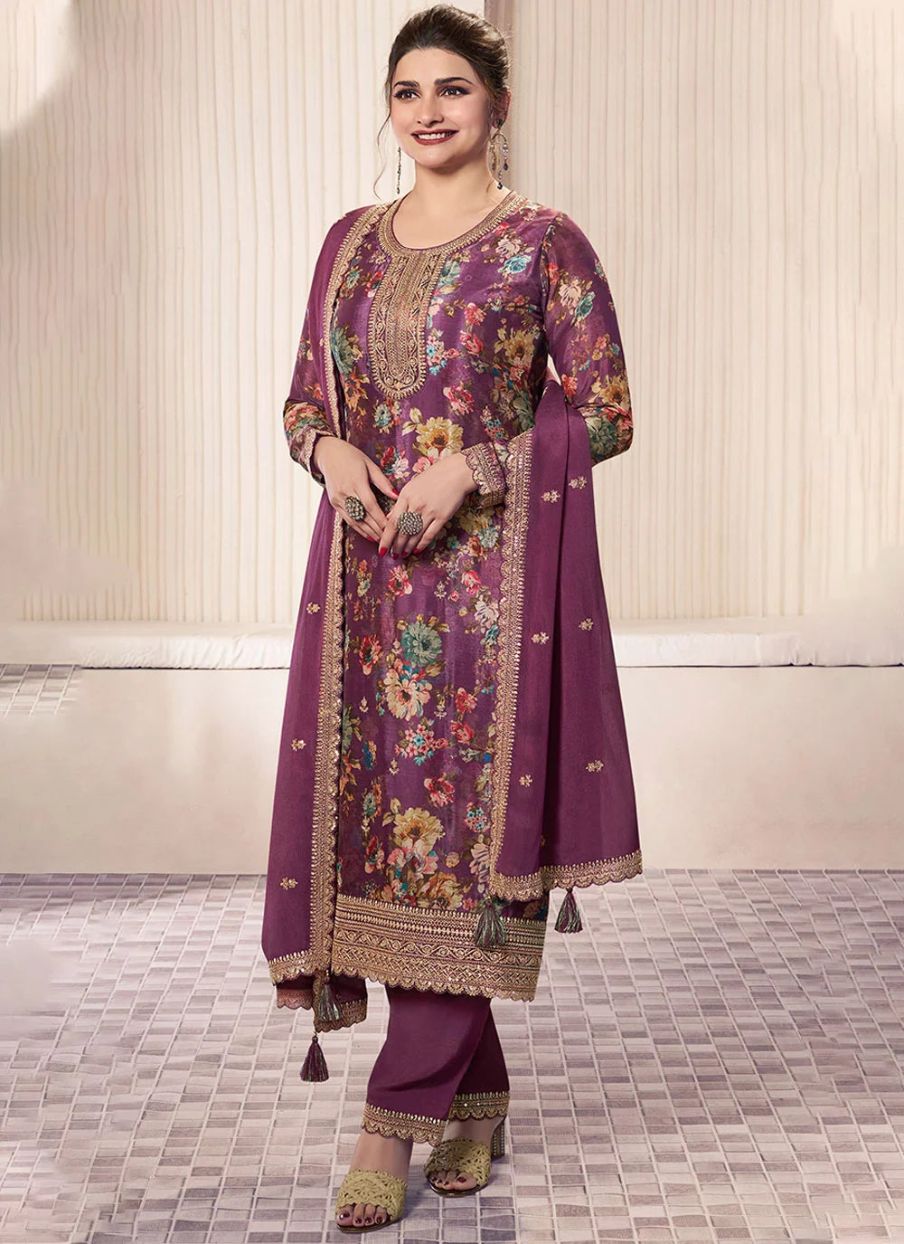 Luxe Look Salwar Suit in Chinon with Embroidery and Prints