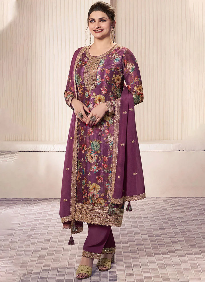 Luxe Look Salwar Suit in Chinon with Embroidery and Prints