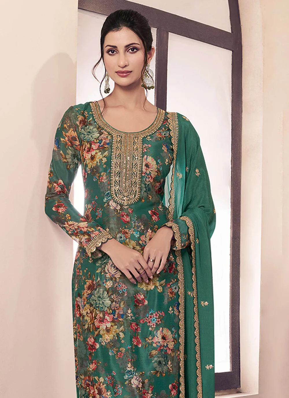 Luxe Look Salwar Suit in Chinon with Embroidery and Prints