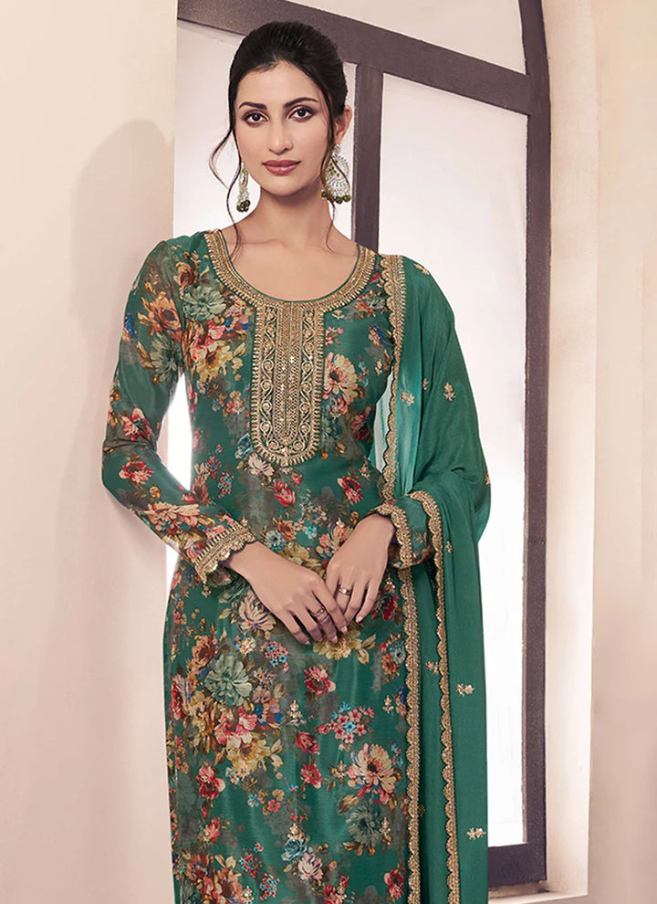 Luxe Look Salwar Suit in Chinon with Embroidery and Prints