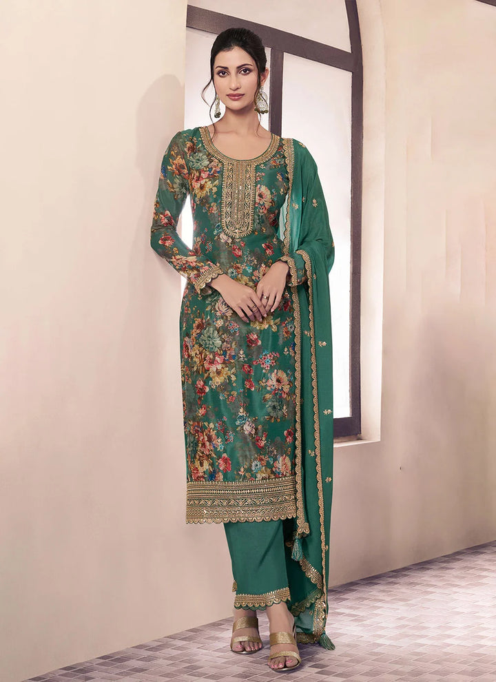 Luxe Look Salwar Suit in Chinon with Embroidery and Prints