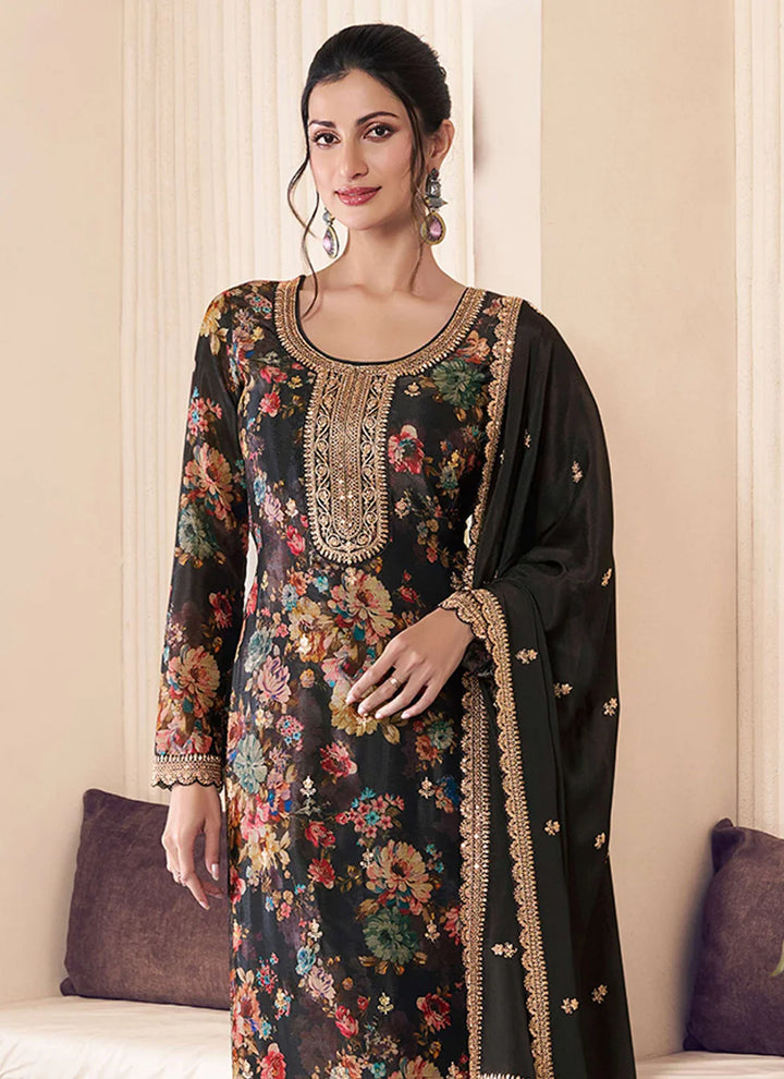 Luxe Look Salwar Suit in Chinon with Embroidery and Prints