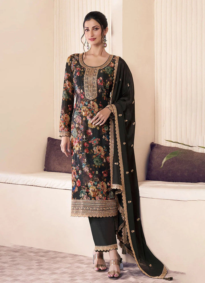 Luxe Look Salwar Suit in Chinon with Embroidery and Prints
