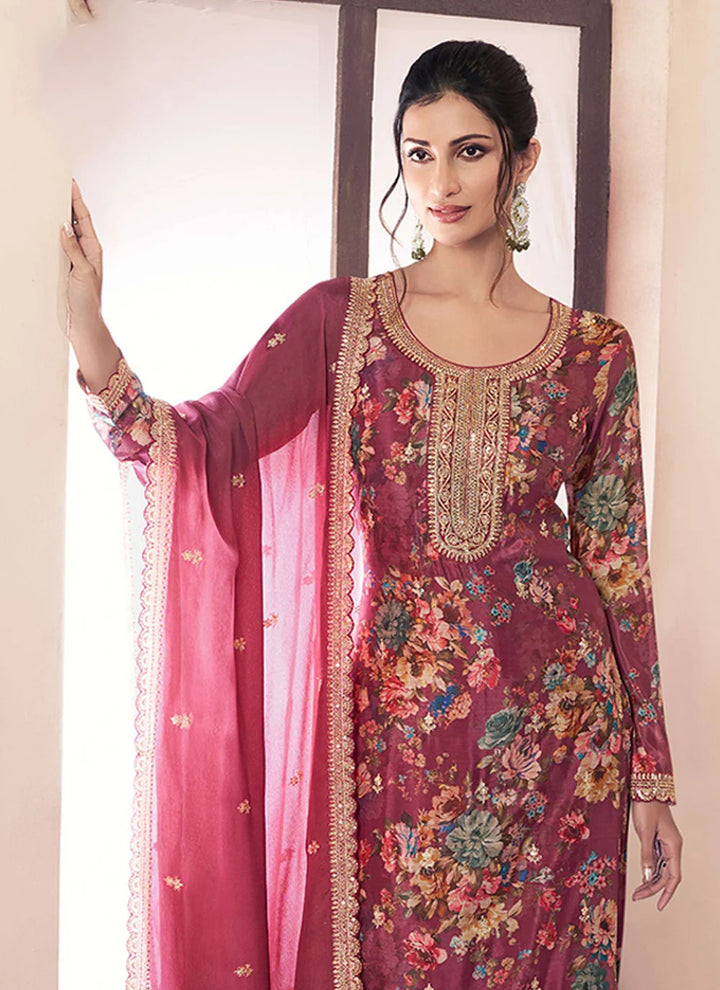 Luxe Look Salwar Suit in Chinon with Embroidery and Prints