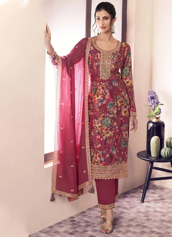 Luxe Look Salwar Suit in Chinon with Embroidery and Prints