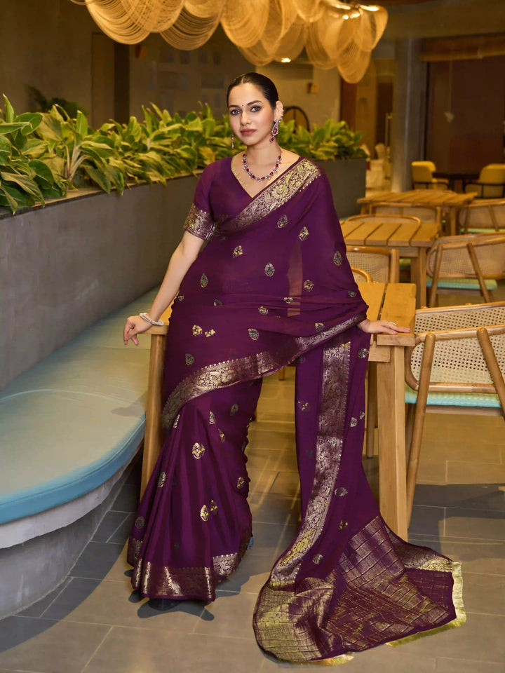Chinon Wevon Jacquard Designer Saree with Blouse for Traditional Wear