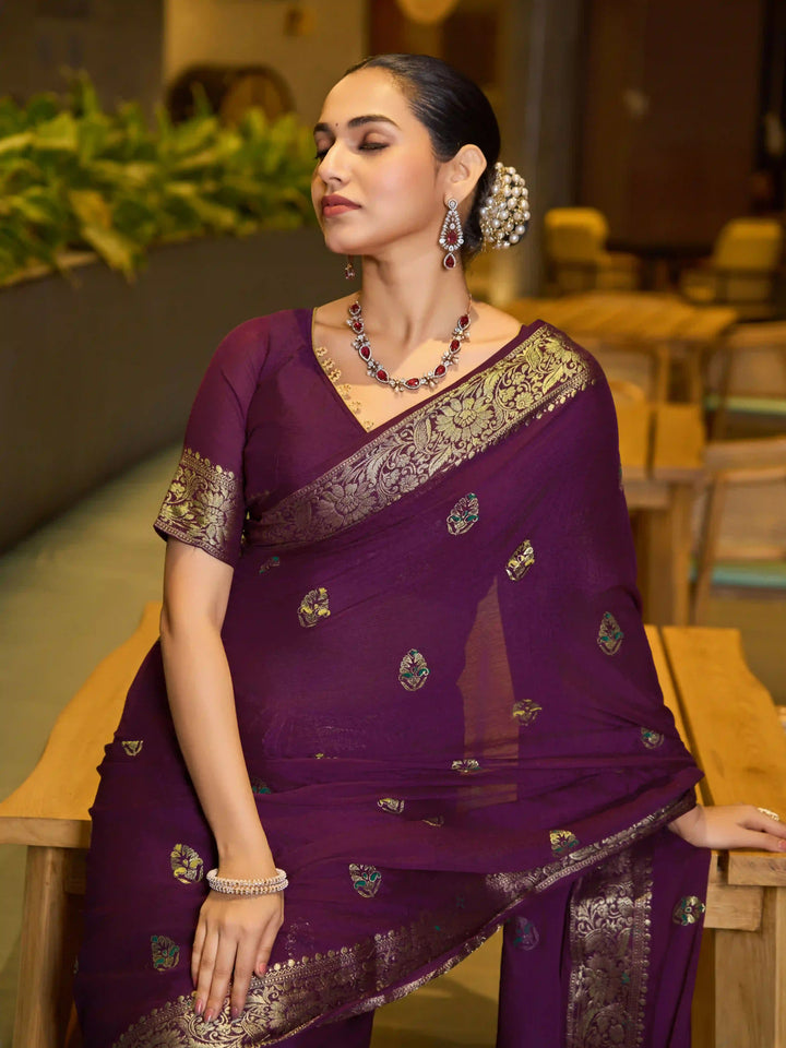Chinon Wevon Jacquard Designer Saree with Blouse for Traditional Wear