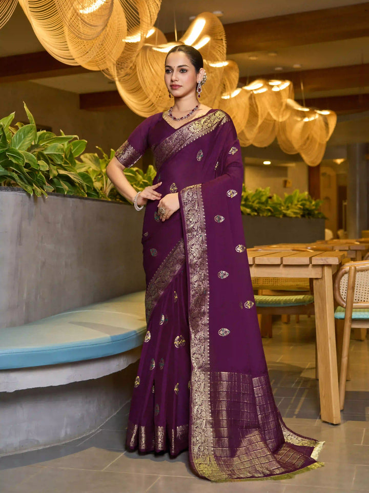 Chinon Wevon Jacquard Designer Saree with Blouse for Traditional Wear