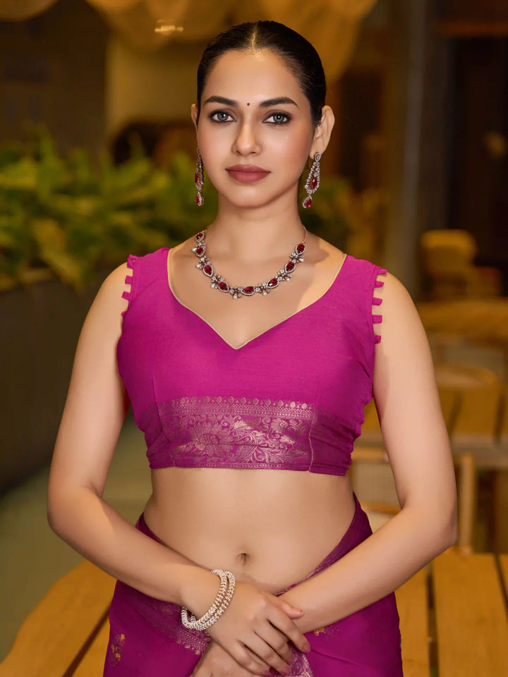 Chinon Wevon Jacquard Designer Saree with Blouse for Traditional Wear