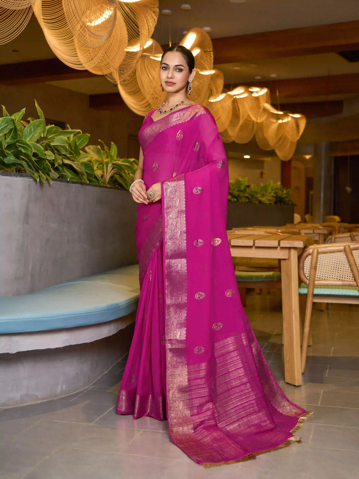 Chinon Wevon Jacquard Designer Saree with Blouse for Traditional Wear