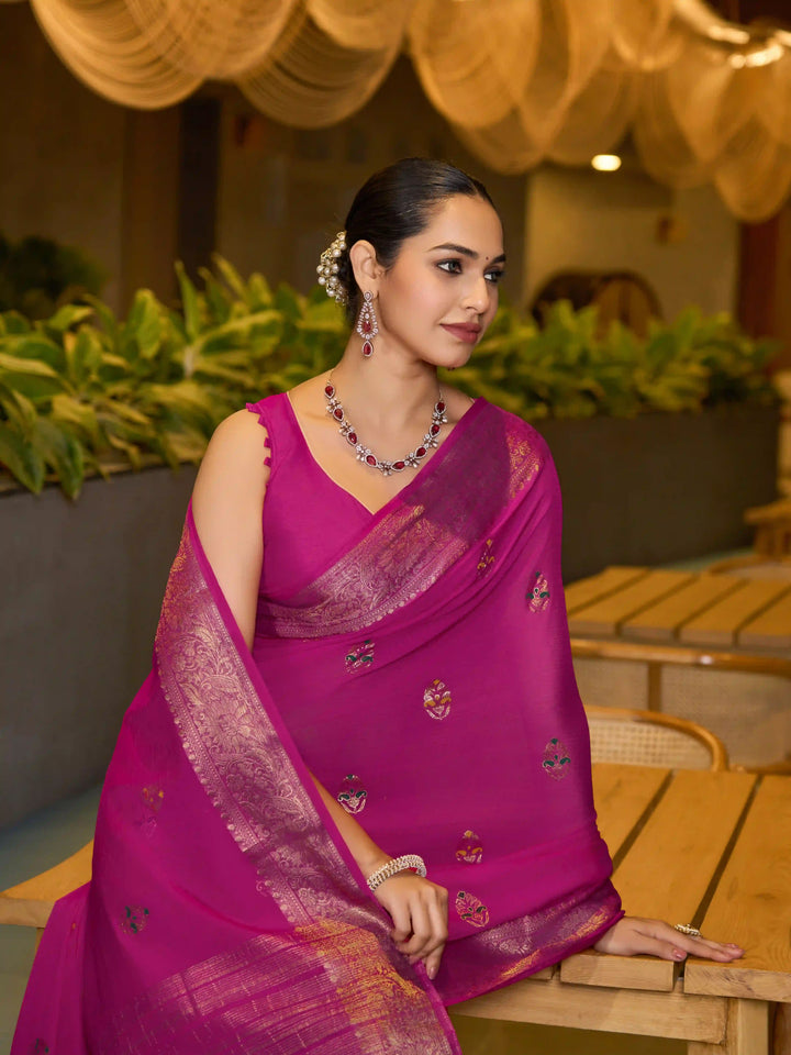 Chinon Wevon Jacquard Designer Saree with Blouse for Traditional Wear