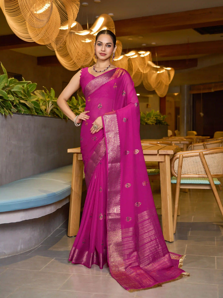 Chinon Wevon Jacquard Designer Saree with Blouse for Traditional Wear
