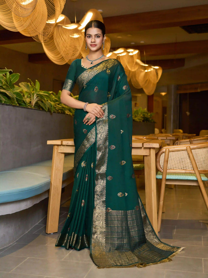 Chinon Wevon Jacquard Designer Saree with Blouse for Traditional Wear