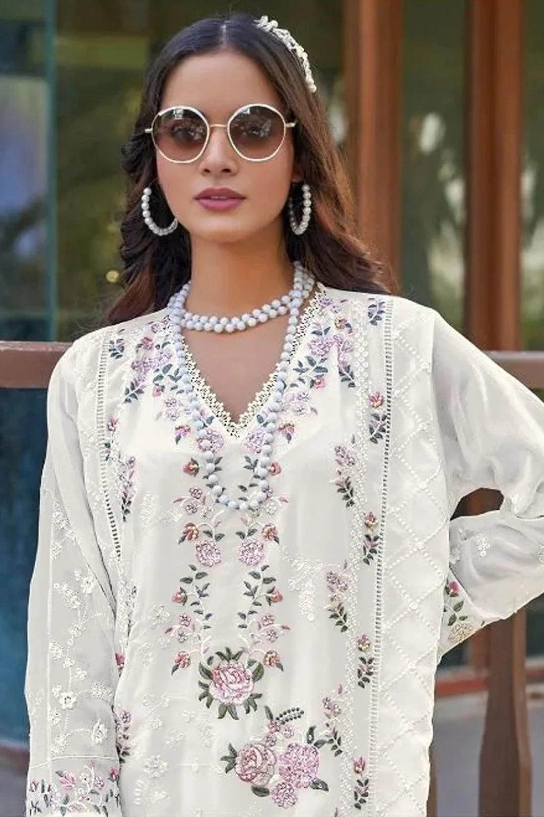 Designer Faux Georgette Salwar Suit with Chiffon Dupatta & Embroidery